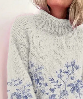 Herbstlicher Charme: Fresh Plant Print Mock Neck Sweater - Stilvoll & Gemütlich