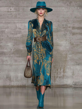 Herbstglamour: Teal Velvet Midi-Kleid - Eleganz & Wärme für kalte Tage