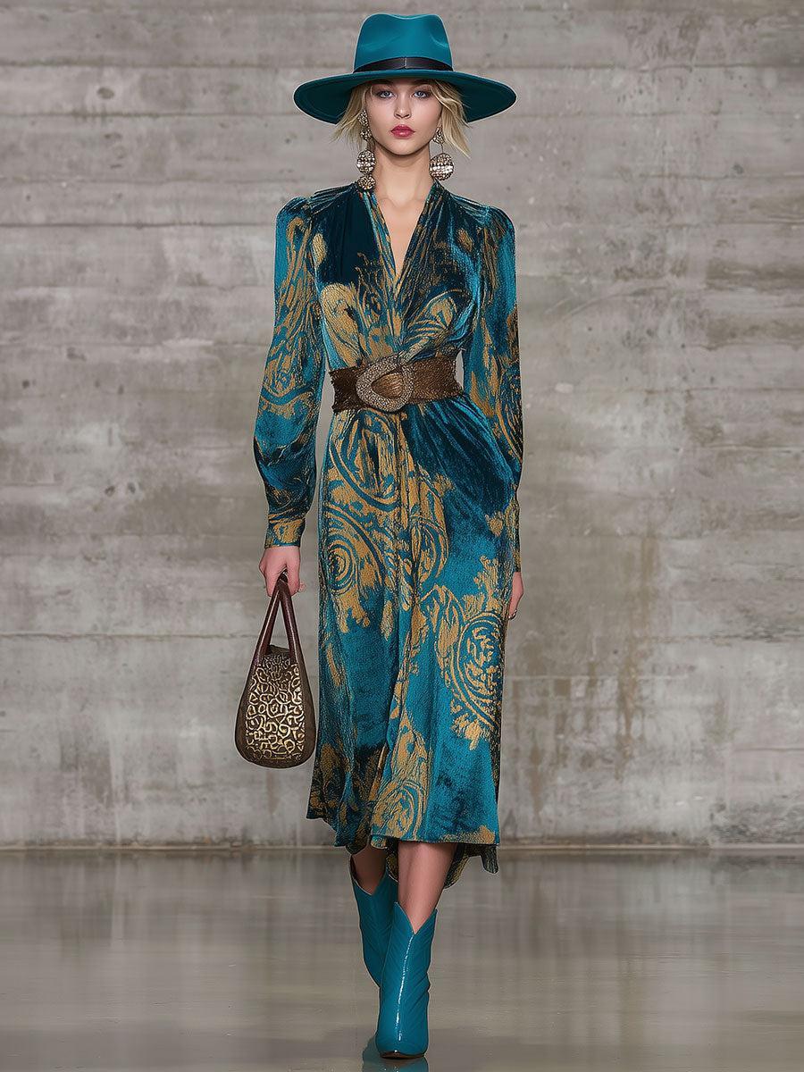 Herbstglamour: Teal Velvet Midi-Kleid - Eleganz & Wärme für kalte Tage