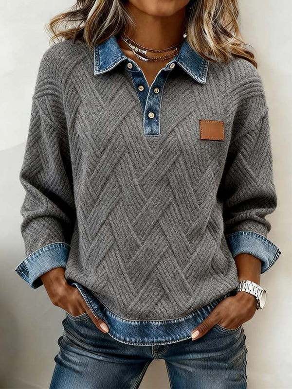 Winter Damen Sweatshirt grau mit Denim-Kragen Color Blocking
