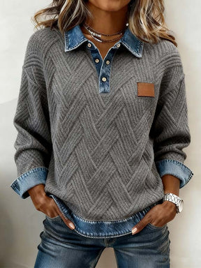 Winter Damen Sweatshirt grau mit Denim-Kragen Color Blocking