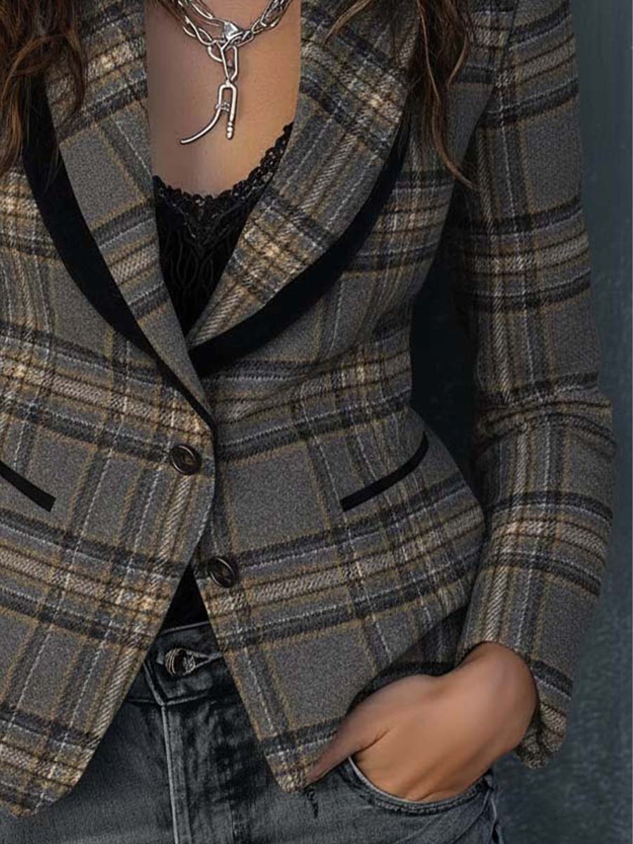 Winterlicher Retro Grey Plaid Long Sleeve Blazer - Eleganz & Wärme vereint