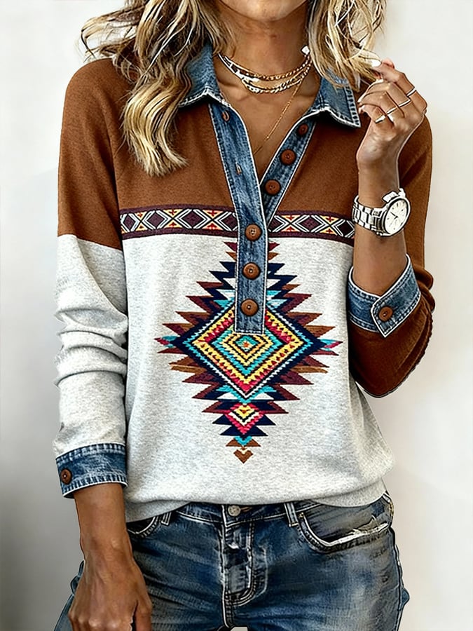 Kuscheliges Boho Wintershirt Damen mit Aztec Print Loose Fit