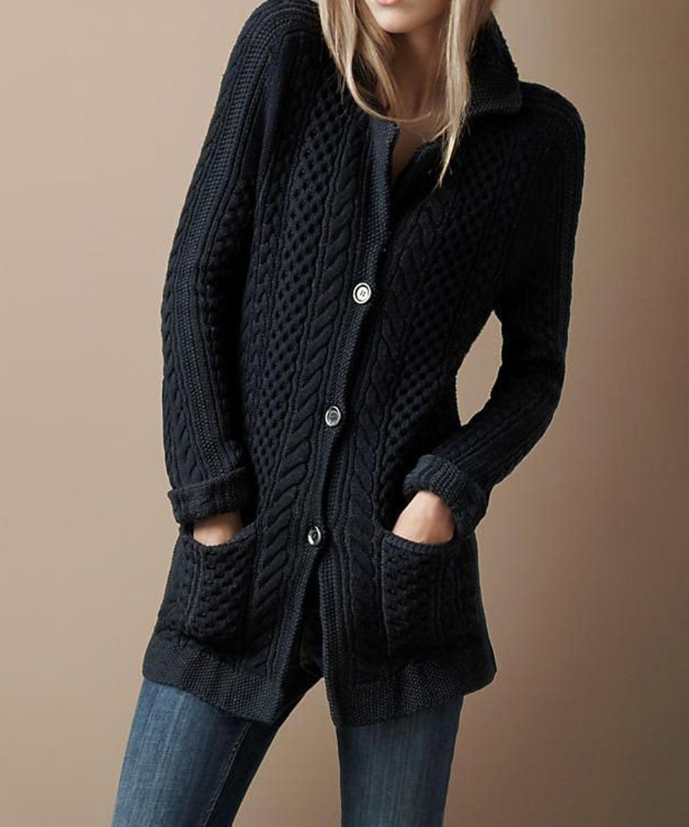 Stilvoller Black Plain Side Pocket Langarm-Cardigan - Ihr Herbst-Must-Have