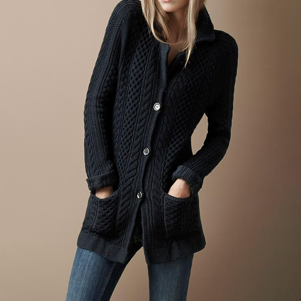 Stilvoller Black Plain Side Pocket Langarm-Cardigan - Ihr Herbst-Must-Have