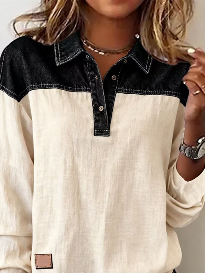 Winter Color Block Longsleeve Top warm & elegant creme-schwarz