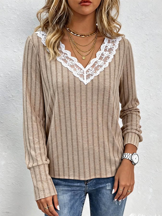 Winter Longsleeve Damen V-Ausschnitt Spitze Beige Top