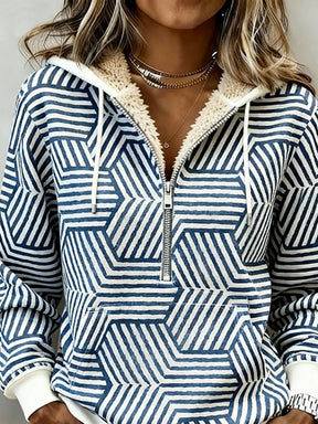 Damen Winter Hoodie mit Teddyfutter, blau-weiß gemustert