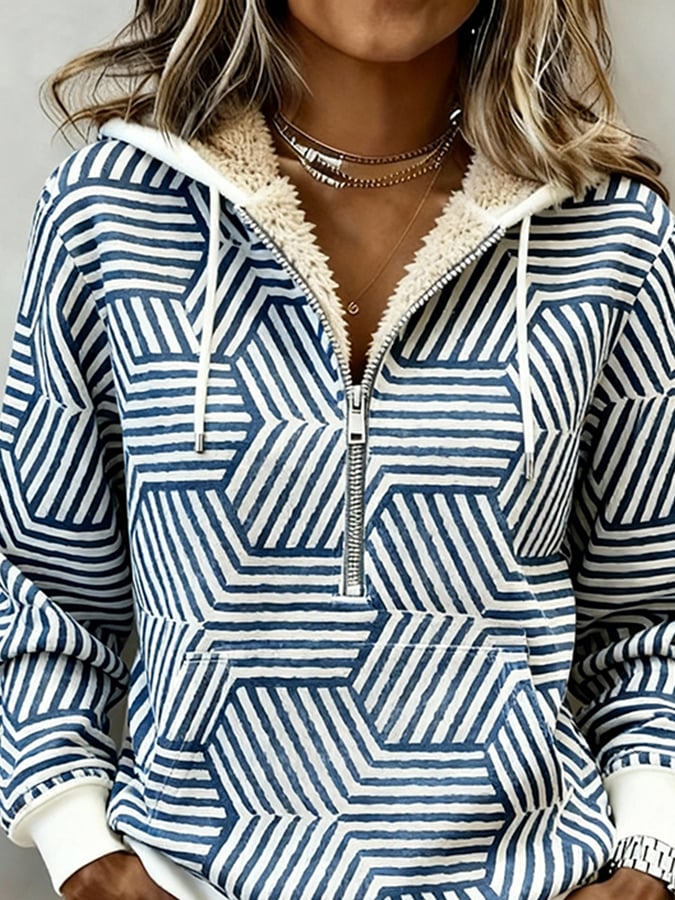 Damen Winter Hoodie mit Teddyfutter, blau-weiß gemustert