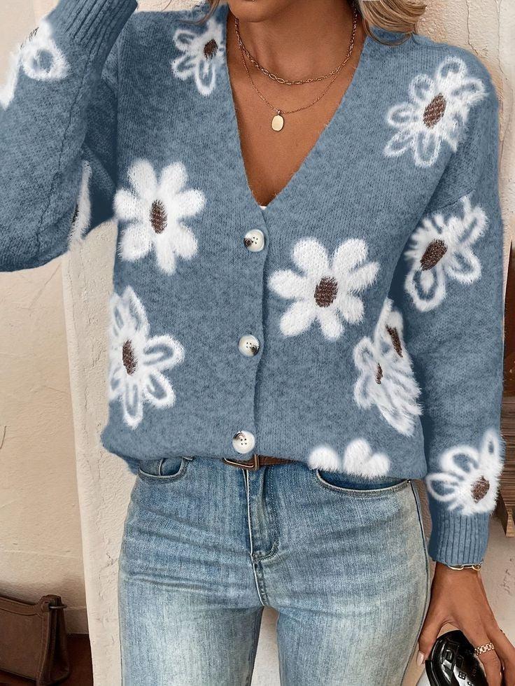 Blue Floral Print Cardigan - Ihr kuscheliger Begleiter für den Herbst