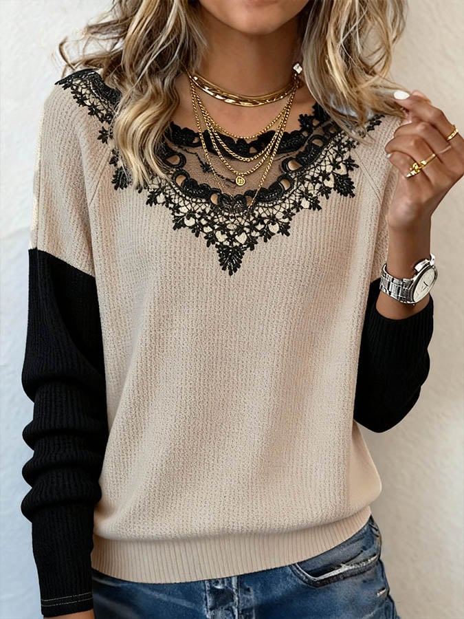 Winter Damen Waffelshirt mit Spitze Beige Schwarz Cozy Top