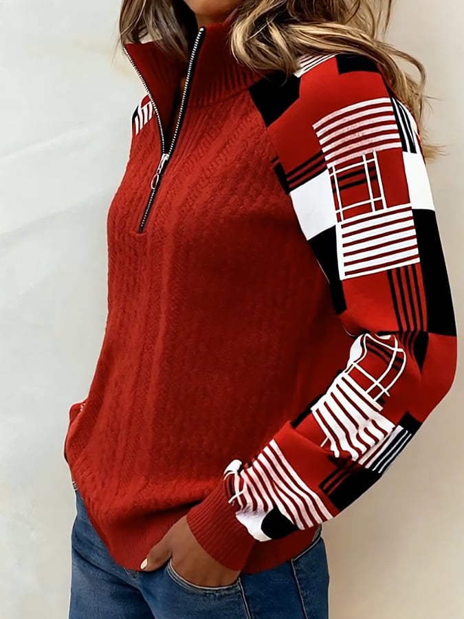 Winter Damen Colorblock Sweatshirt Rot mit Halbreißverschluss