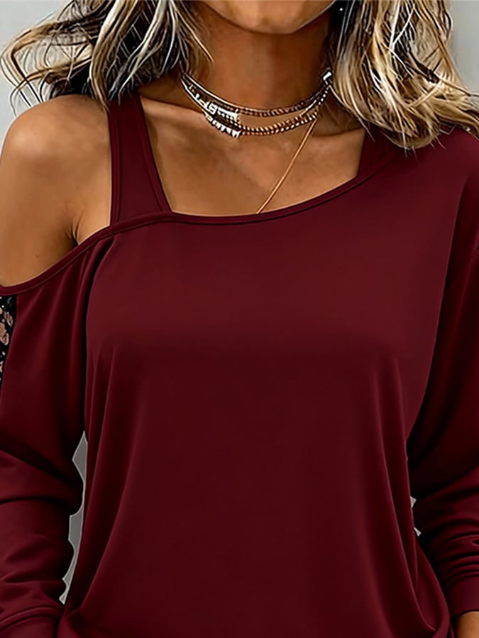 Bordeaux One Shoulder Winter Shirt mit Spitze Damen Casual