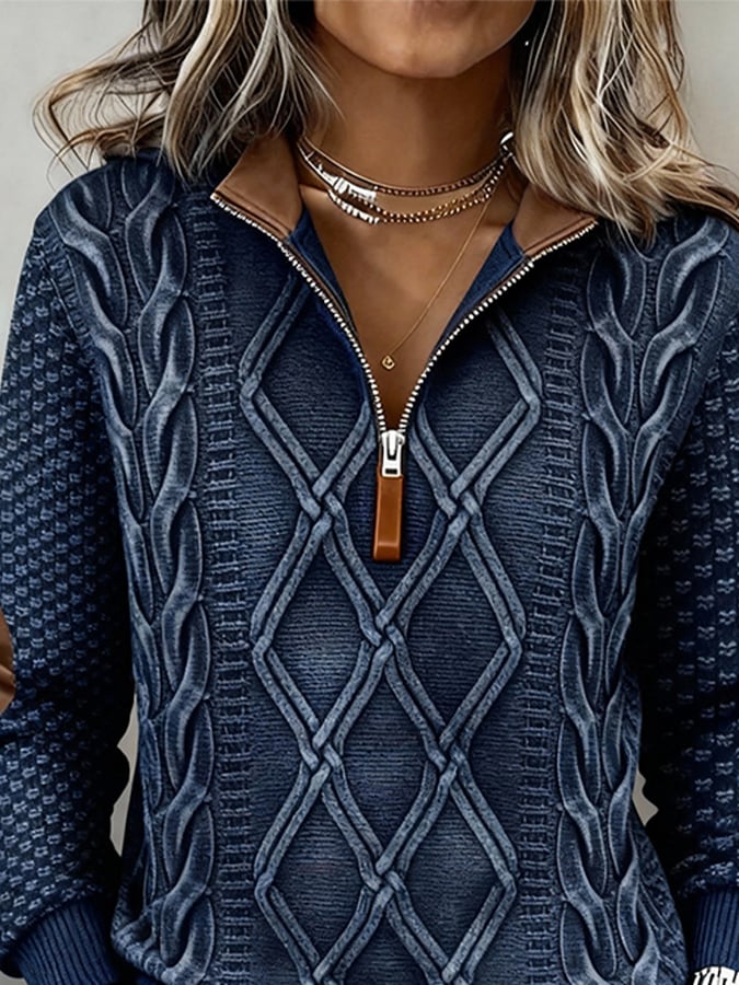 Winter Damen Half-Zip Sweatshirt warm dunkelblau cognac