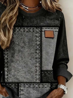 Winter Sweatshirt Damen Patchwork Grau Oversize Cozy Warm