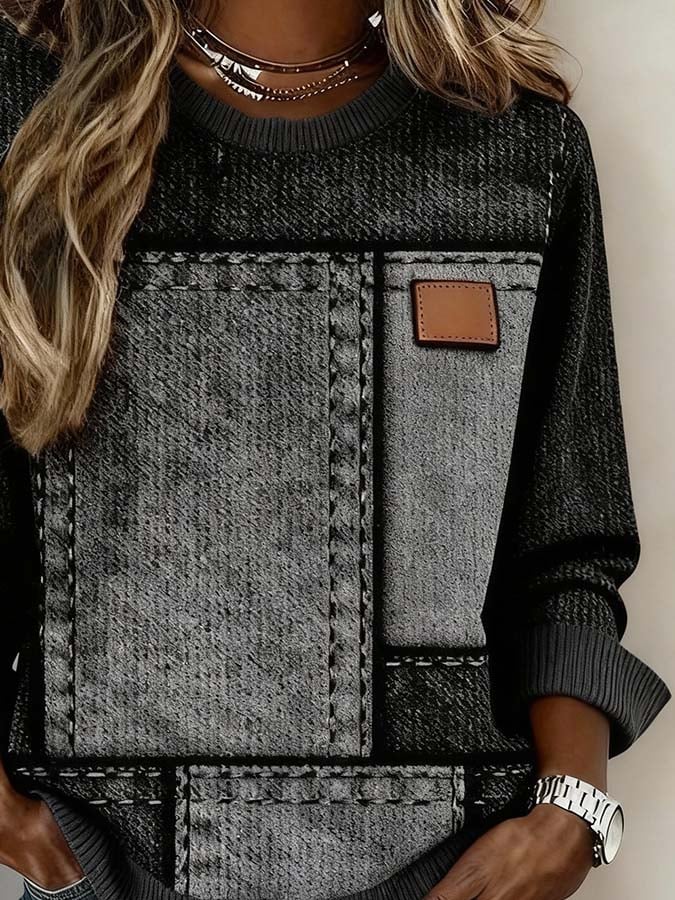 Winter Sweatshirt Damen Patchwork Grau Oversize Cozy Warm