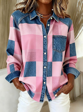 Winter Damen Karobluse rosa-blau mit Denimkragen casual