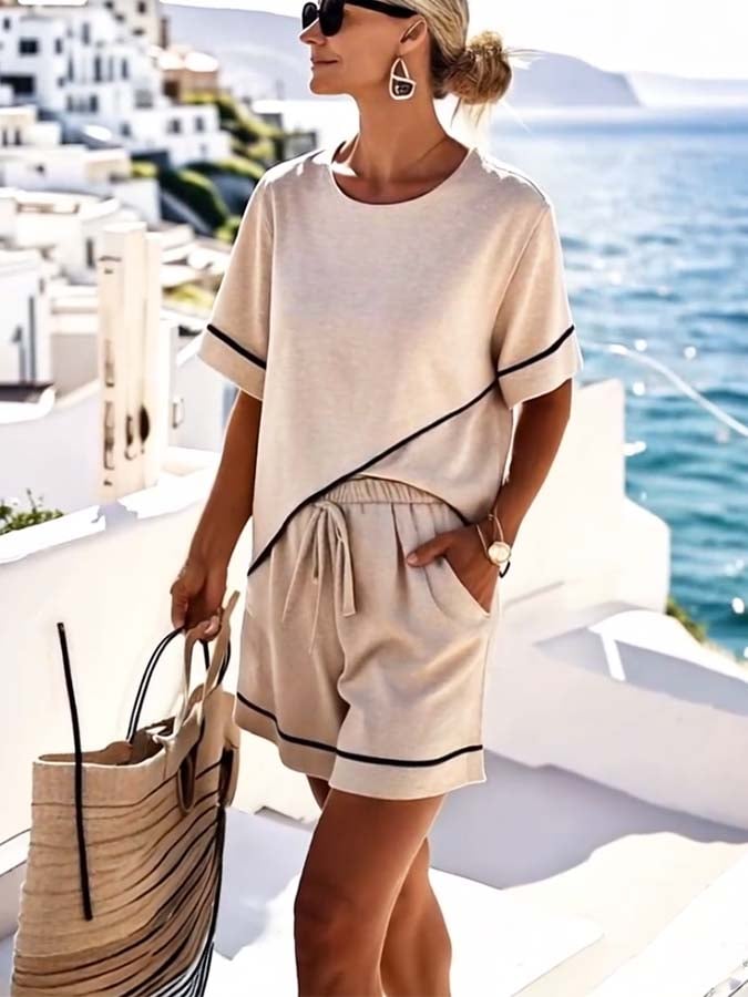 Youthful Short Sleeve Two Piece Set - Modisches Herbsts-Outfit mit Geometrischem Muster