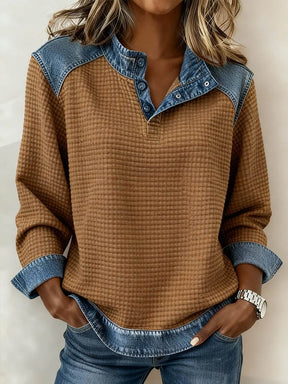 Winter Damen Sweatshirt warm casual mit Denim Patchwork