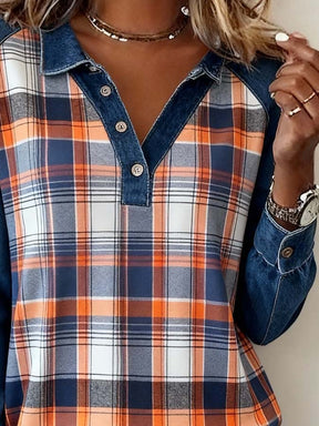 Winter Damen Karohemd Denim Patchwork warmes Casual Shirt