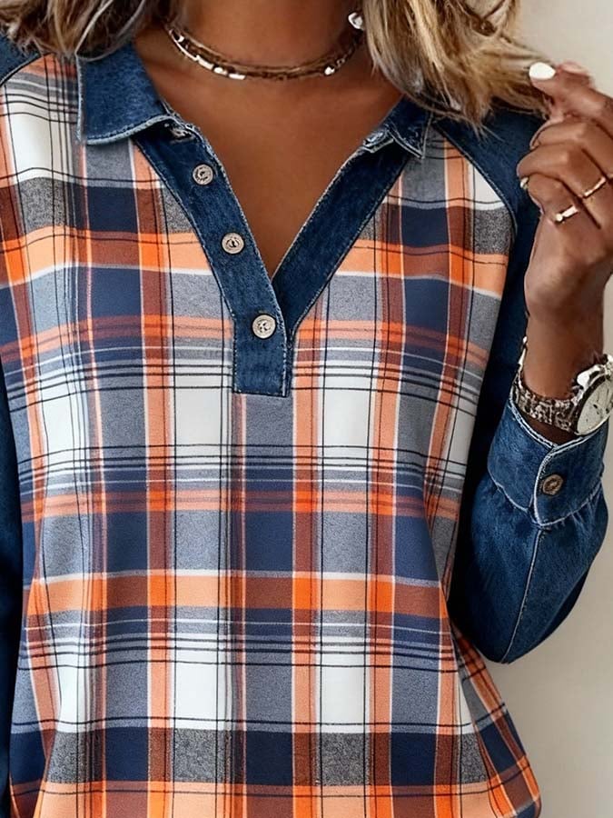 Winter Damen Karohemd Denim Patchwork warmes Casual Shirt