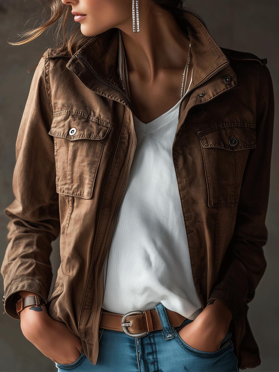 Classic Brown Utility Jacket – Timeless Cotton Field Style With Functional\nPockets
