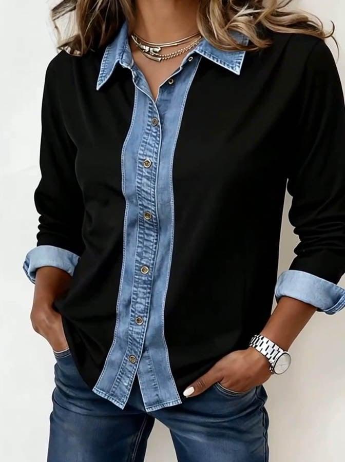 Winter Denim Longsleeve Shirt Schwarz Blau Figurbetont