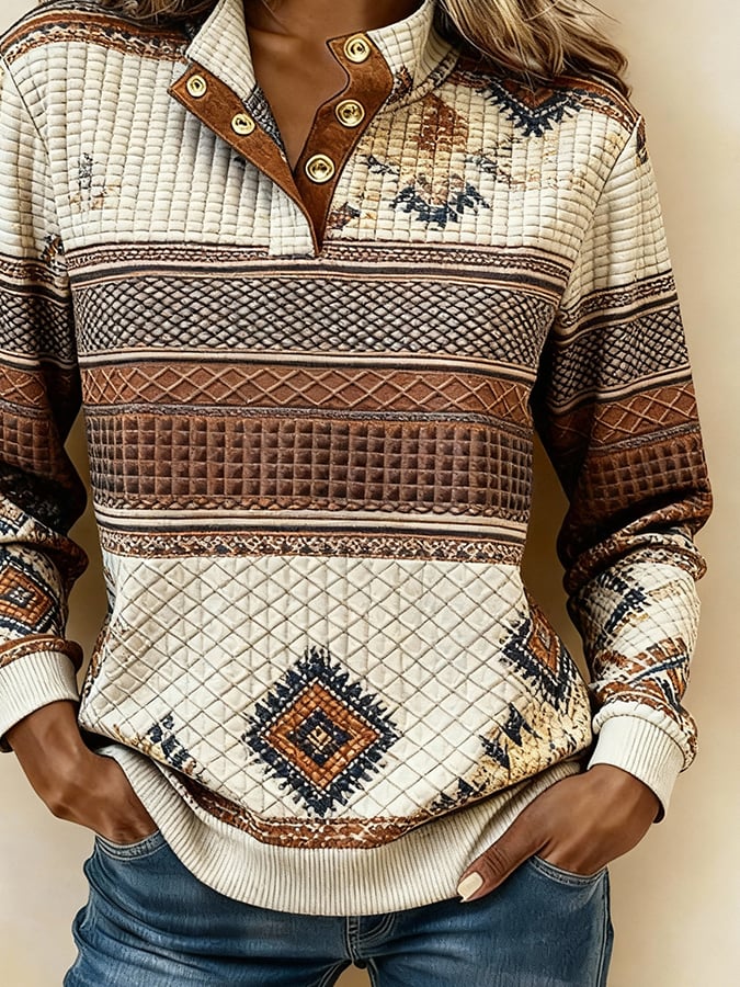 Boho Winter Damen Sweatshirt warm Ethno Pullover Navy