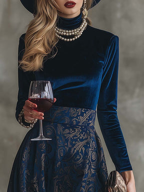 Herbstzauber: Blue Velvet Mock Neck Midi-Kleid – Eleganz trifft Komfort