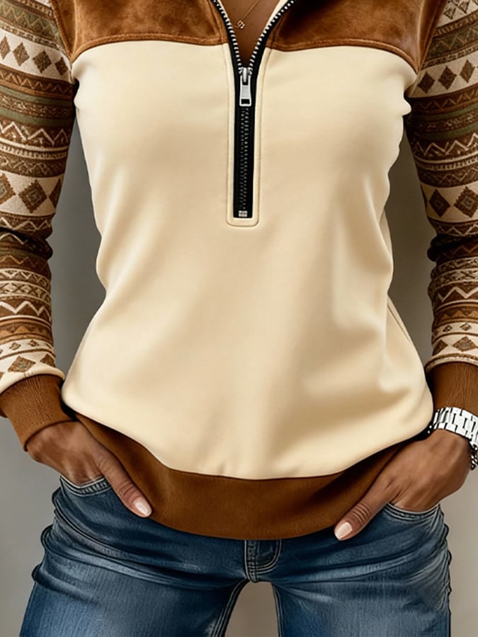 Winter Hoodie Damen creme-braun mit skandinavischem Muster