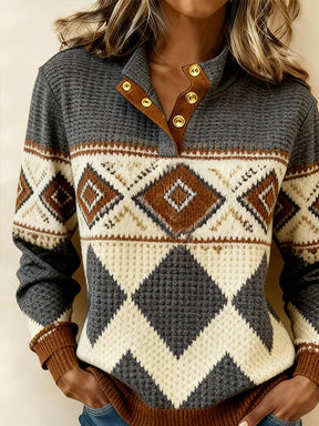 Warmer Ethno Color-Block Pullover Damen Winter Waffelstrick