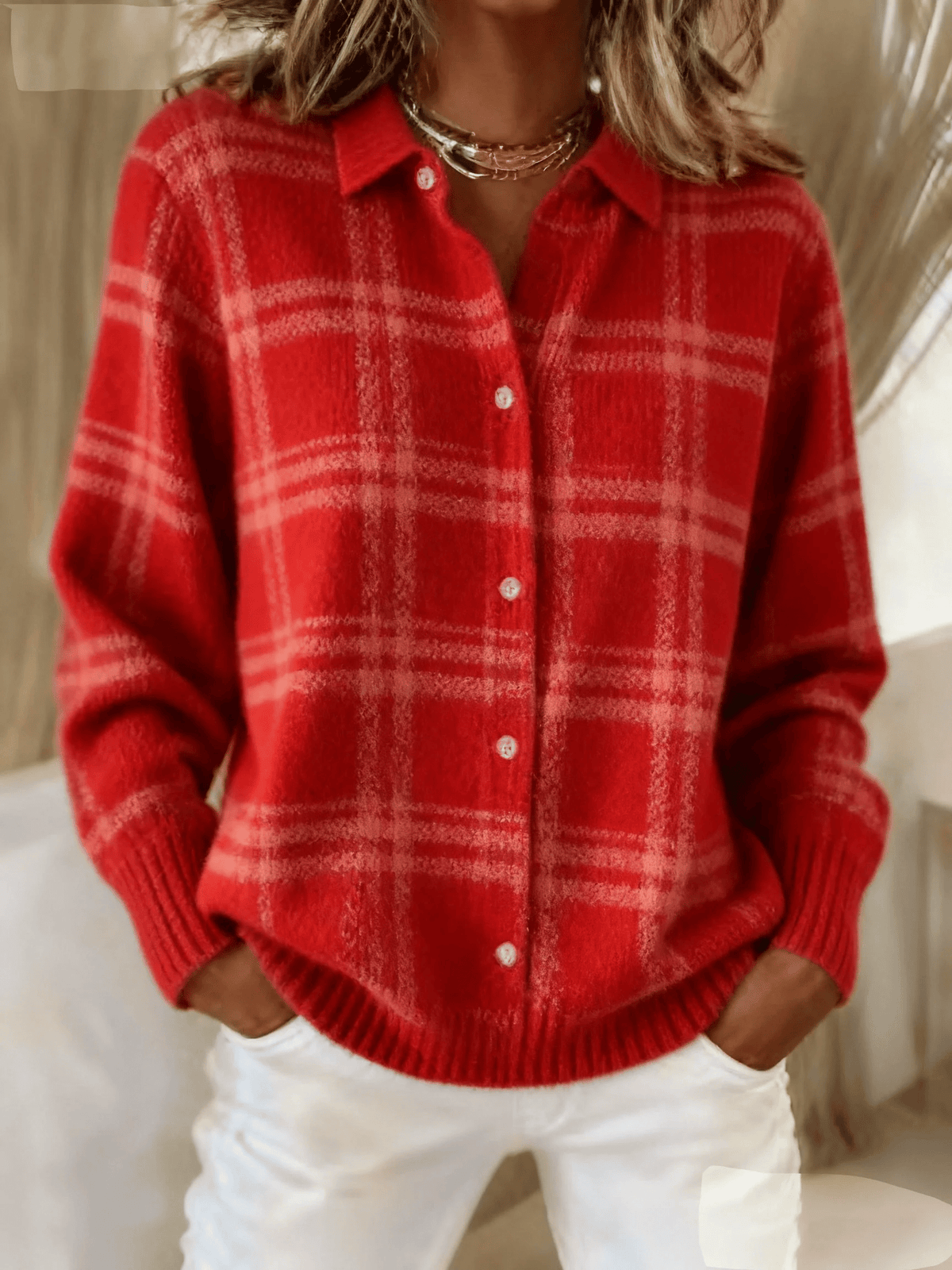 Damen Karosweater Rot Winterpullover kuschelig und elegant
