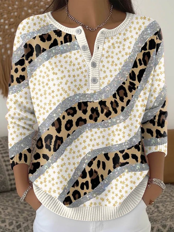 Winter Strickshirt Damen mit Sternen & Leo-Print, warm & chic