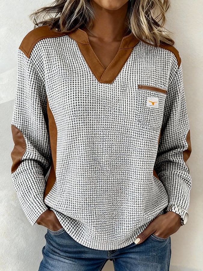 Damen Winter Waffelstrick Sweatshirt hellgrau cognac Casual