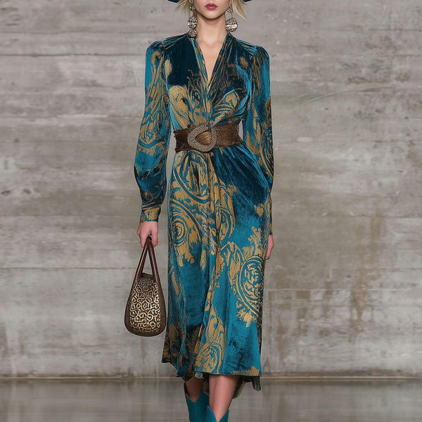 Herbstglamour: Teal Velvet Midi-Kleid - Eleganz & Wärme für kalte Tage