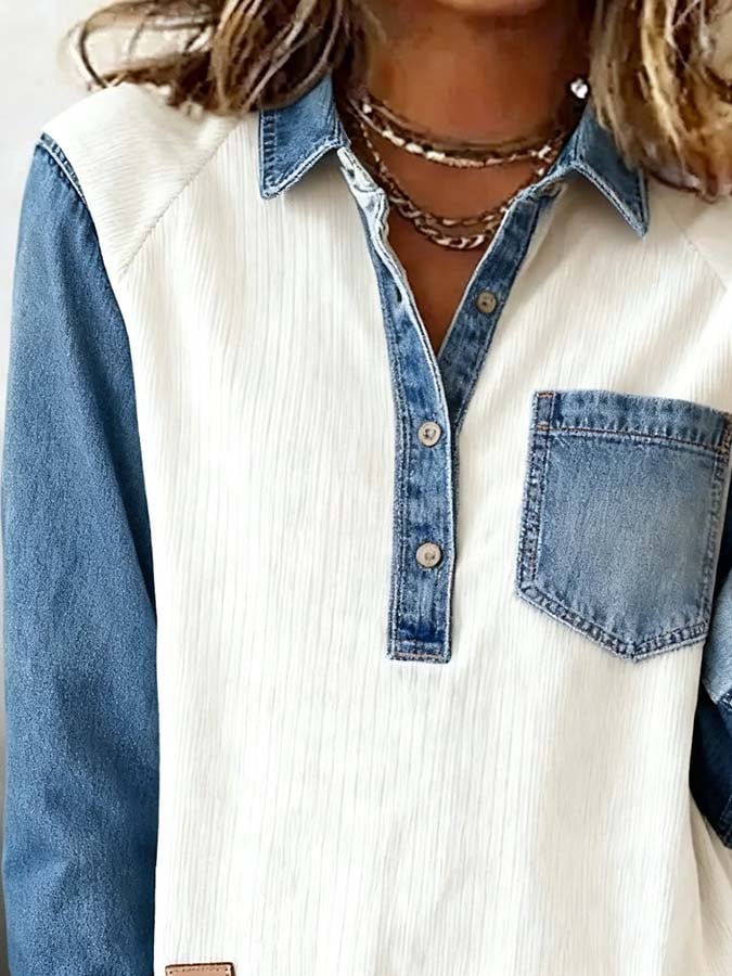 Winter Denim Patchwork Longsleeve Top – Warm & Casual