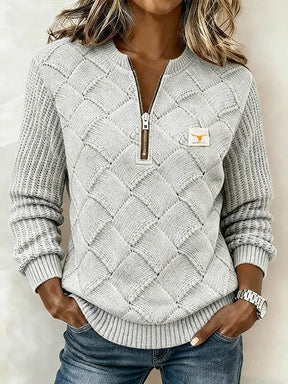 Kuschelwarmer Winter Strickpullover grau mit Half-Zip Damen