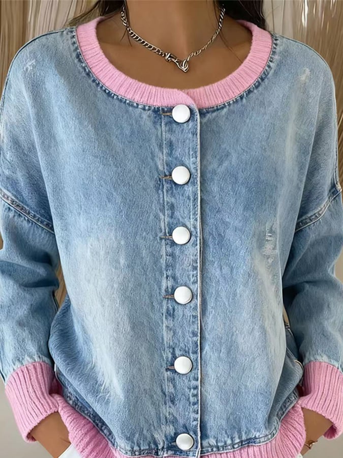 Winter Denim Cardigan Damen – Kuscheliger Patchwork Look