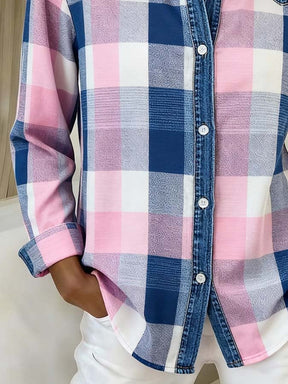 Winter Damen Karoblusenhemd mit Denim-Details, kuschelig casual