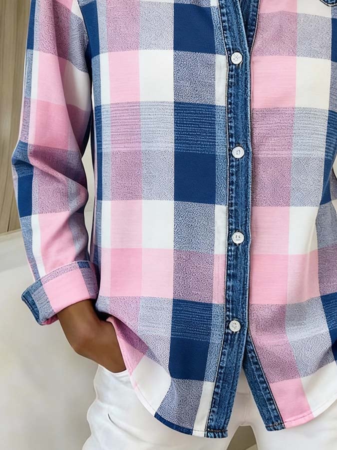 Winter Damen Karoblusenhemd mit Denim-Details, kuschelig casual