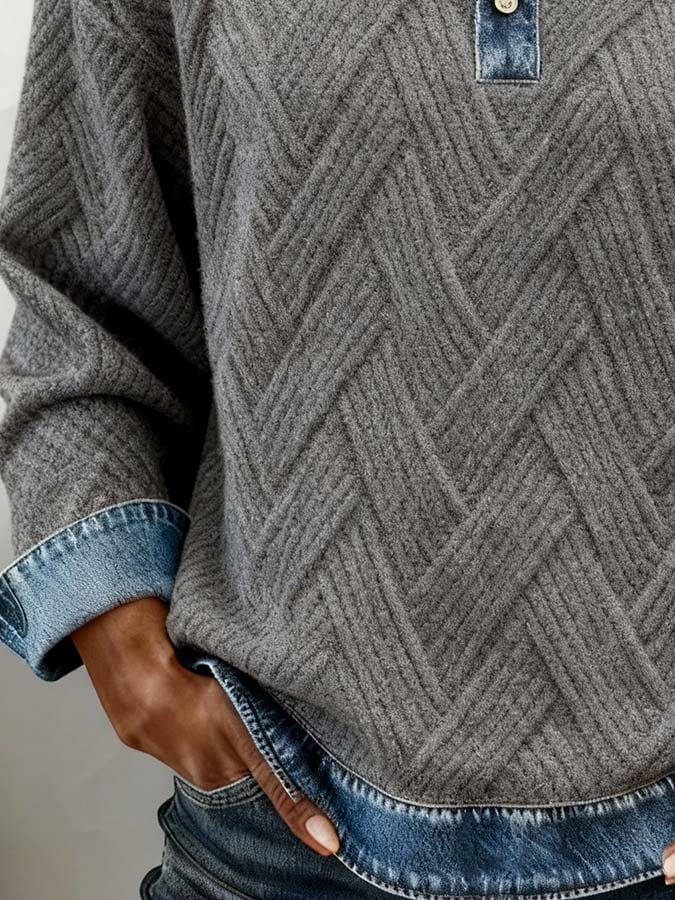 Winter Damen Sweatshirt grau mit Denim-Kragen Color Blocking