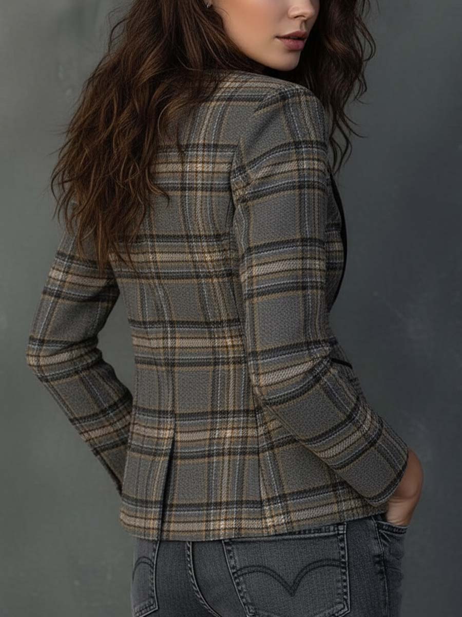 Winterlicher Retro Grey Plaid Long Sleeve Blazer - Eleganz & Wärme vereint