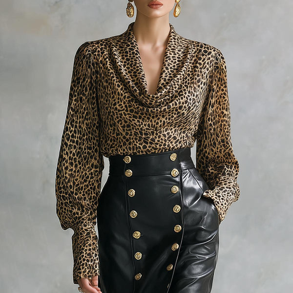 Edgy Leopard Longsleeve mit Cowl Neck – Winter Glam Top