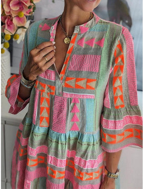 Fresh Print 3/4 Sleeve Mini Dress: Herbstshafter Farbenzauber für jeden Anlass