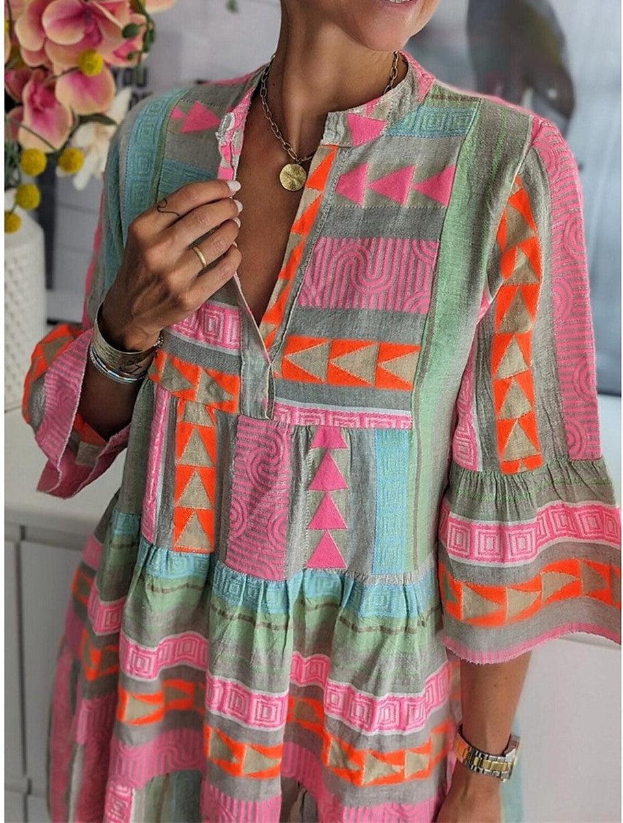 Fresh Print 3/4 Sleeve Mini Dress: Herbstshafter Farbenzauber für jeden Anlass