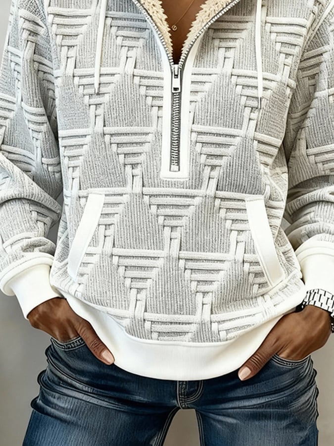 Kuscheliges Damen Winter Hoodie Sweatshirt grau weiß 3D Struktur