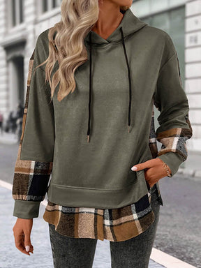 Kuscheliger Winter Hoodie karamell mit Karo-Saum Damen