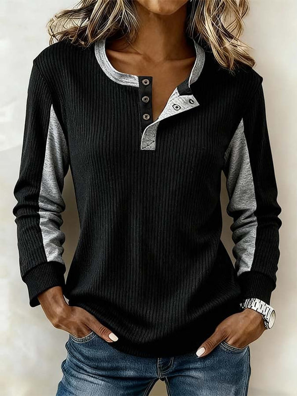 Damen Winter Pullover Colorblock warmes Longsleeve Schwarz