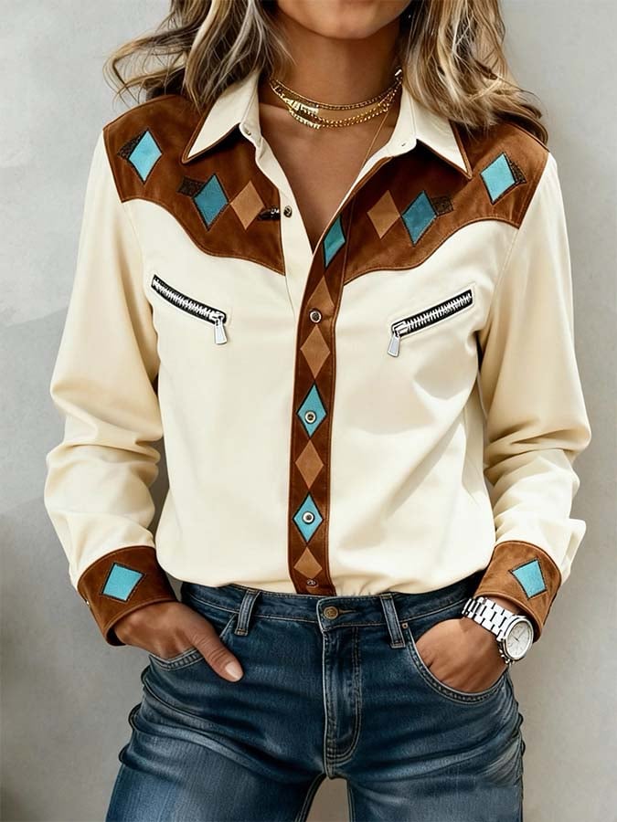 Winter Western Bluse Beige mit Diamant Patch Langarm