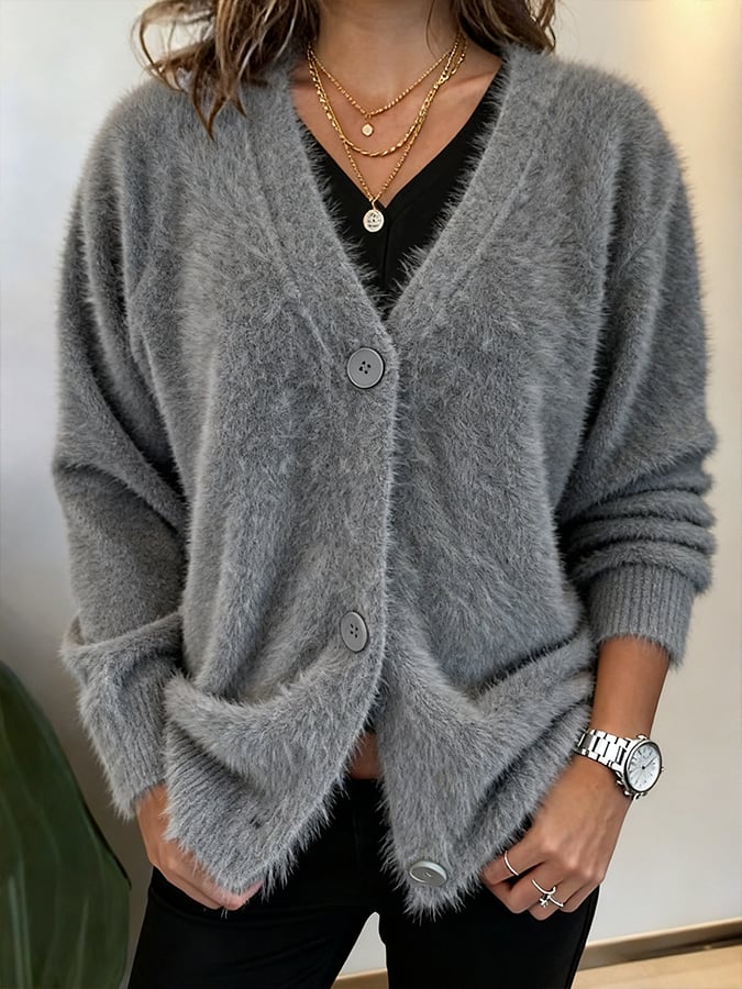 Kuscheliger Damen Winter Cardigan Grau V-Ausschnitt Oversize
